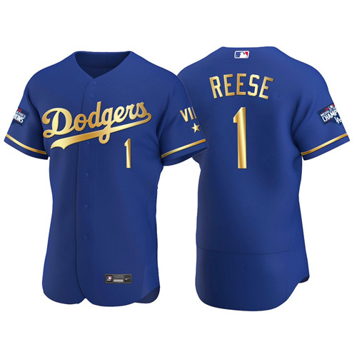 Los Angeles Dodgers #1 Pee Wee Reese Men's Nike Authentic 2021 Gold Program World Series Champions MLB Jersey Royal