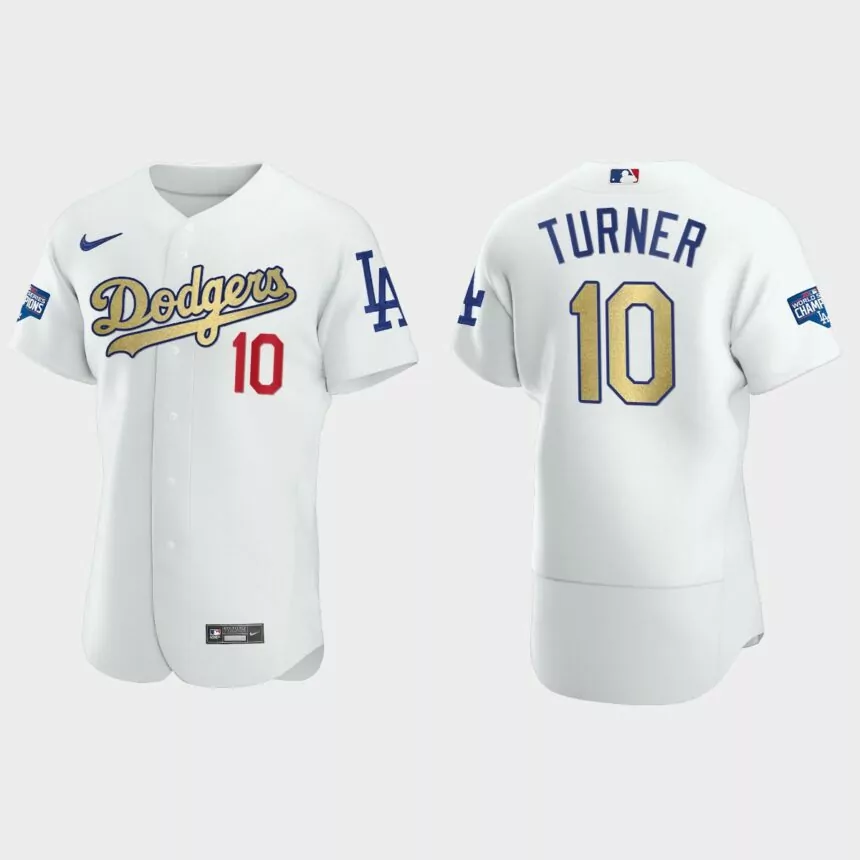 Los Angeles Dodgers #10 Justin Turner 2020 World Series Champions Gold Program Authentic Jersey – White
