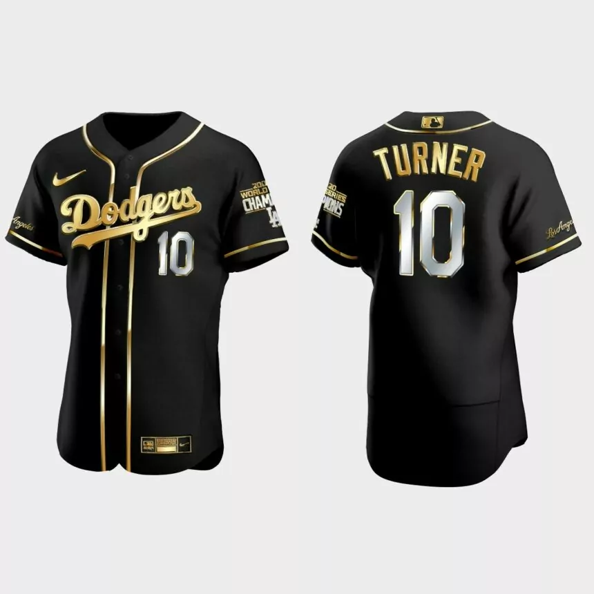 Los Angeles Dodgers #10 Justin Turner 2020 World Series Champions Golden Edition Jersey – Black