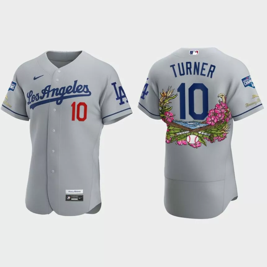 Los Angeles Dodgers #10 Justin Turner 2020 World Series Champions Tommy Bahama Authentic Jersey – Gray