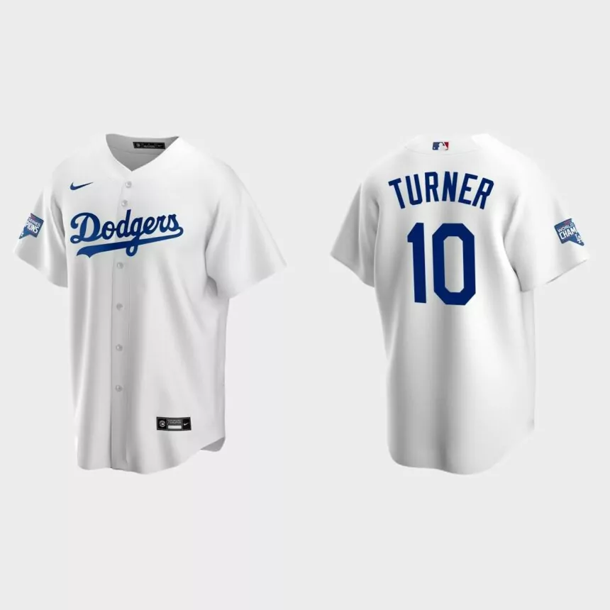 Los Angeles Dodgers #10 Justin Turner Home Patch Replica Player 2020 World Series Champions Jersey – White