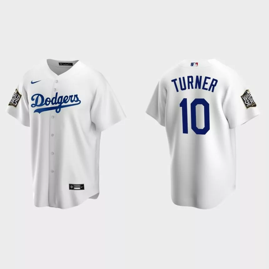Los Angeles Dodgers #10 Justin Turner Replica 2020 World Series Home Jersey – White