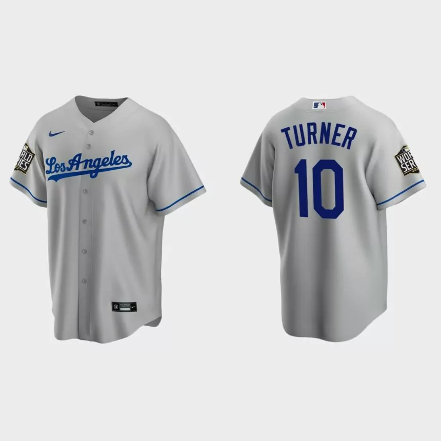 Los Angeles Dodgers #10 Justin Turner Replica 2020 World Series Road Jersey – Gray
