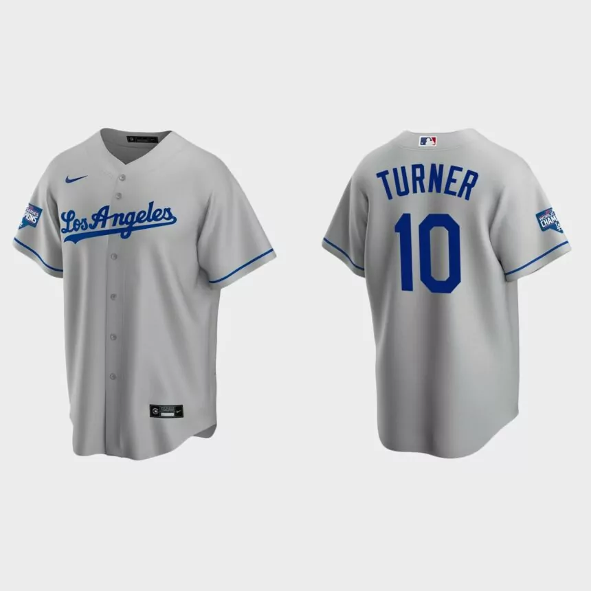 Los Angeles Dodgers #10 Justin Turner Road Replica Team 2020 World Series Champions Jersey – Gray