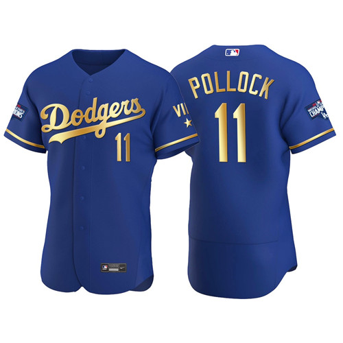 Los Angeles Dodgers #11 A.J. Pollock Men's Nike Authentic 2021 Gold Program World Series Champions MLB Jersey Royal