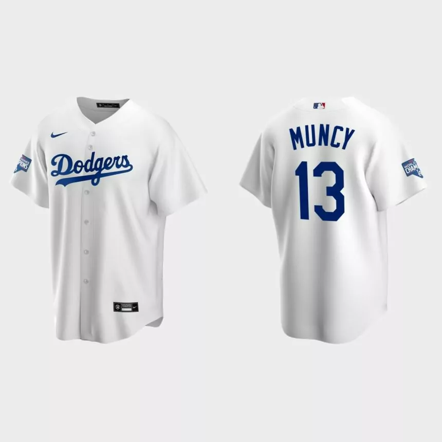 Los Angeles Dodgers #13 Max Muncy Home Patch Replica Player 2020 World Series Champions Jersey – White