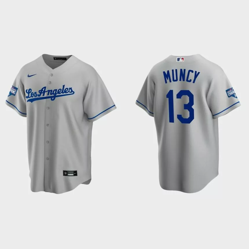 Los Angeles Dodgers #13 Max Muncy Road Replica Team 2020 World Series Champions Jersey – Gray