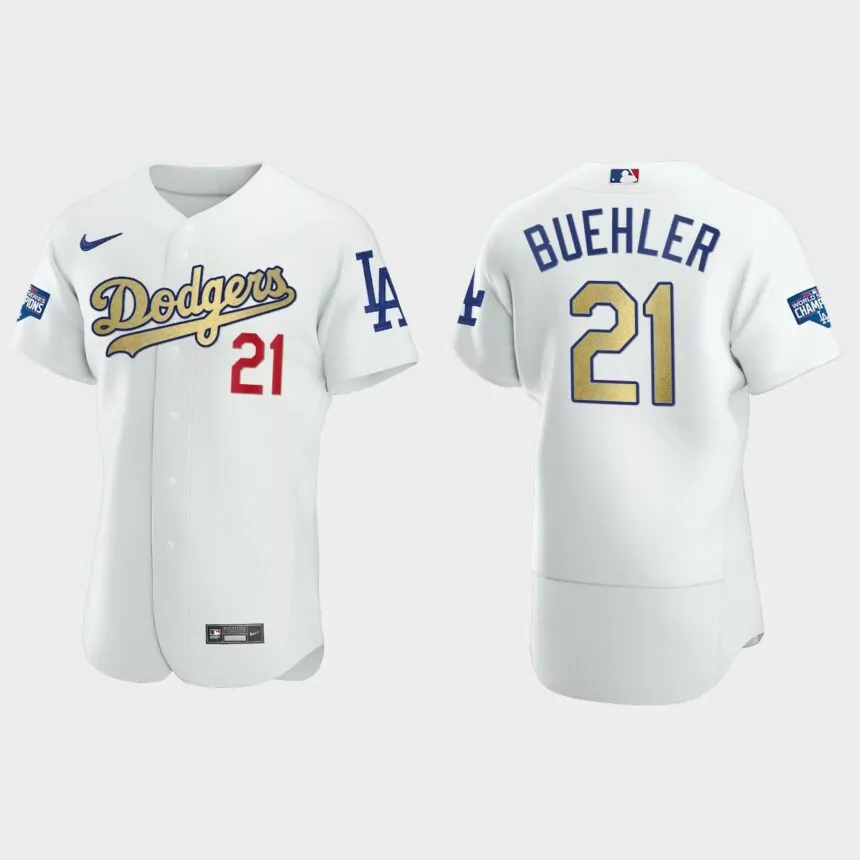 Los Angeles Dodgers #21 Walker Buehler 2020 World Series Champions Gold Program Authentic Jersey – White