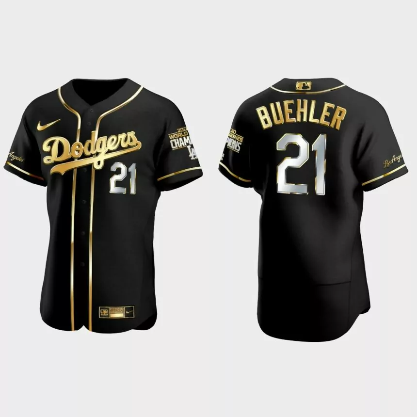 Los Angeles Dodgers #21 Walker Buehler 2020 World Series Champions Golden Edition Jersey – Black