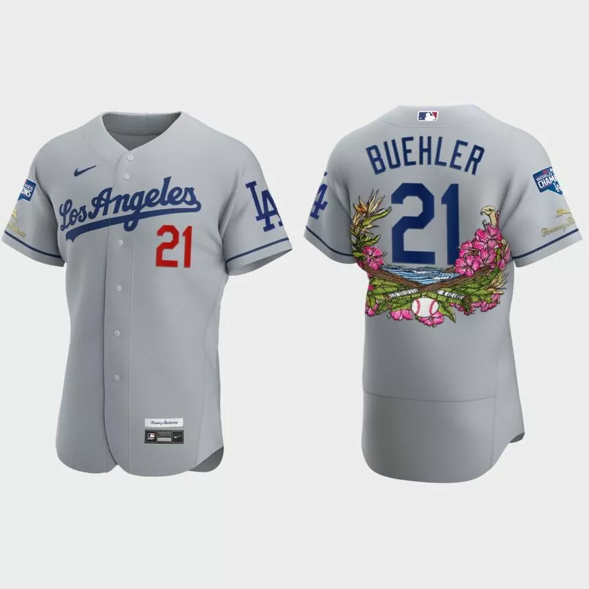 Los Angeles Dodgers #21 Walker Buehler 2020 World Series Champions Tommy Bahama Authentic Jersey – Gray