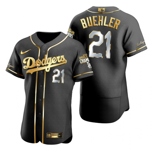 Los Angeles Dodgers #21 Walker Buehler Black 2020 World Series Champions Gold Edition Jersey