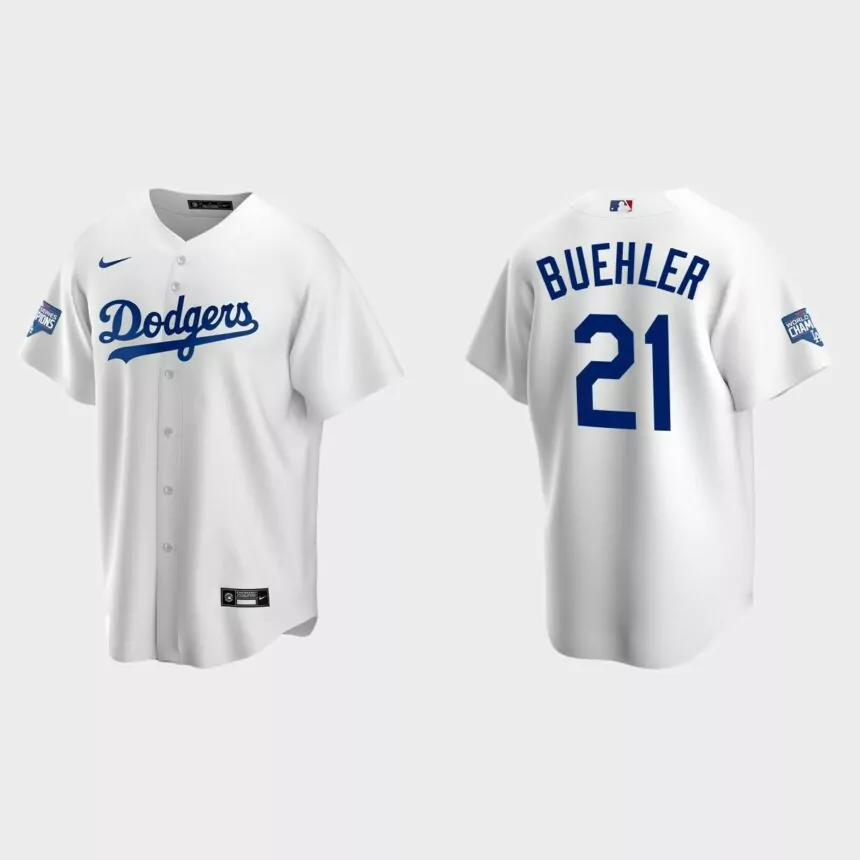 Los Angeles Dodgers #21 Walker Buehler Home Patch Replica Player 2020 World Series Champions Jersey – White
