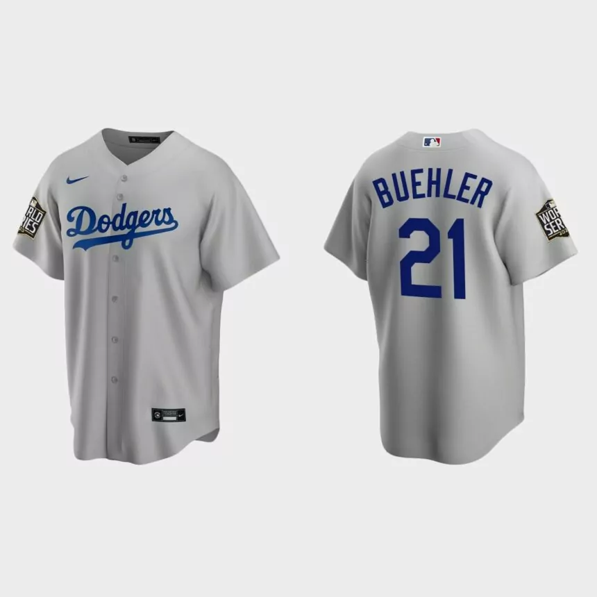 Los Angeles Dodgers #21 Walker Buehler Replica 2020 World Series Alternate Jersey – Gray