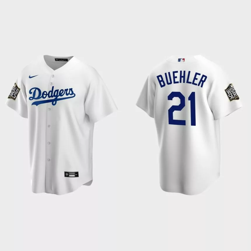 Los Angeles Dodgers #21 Walker Buehler Replica 2020 World Series Home Jersey – White