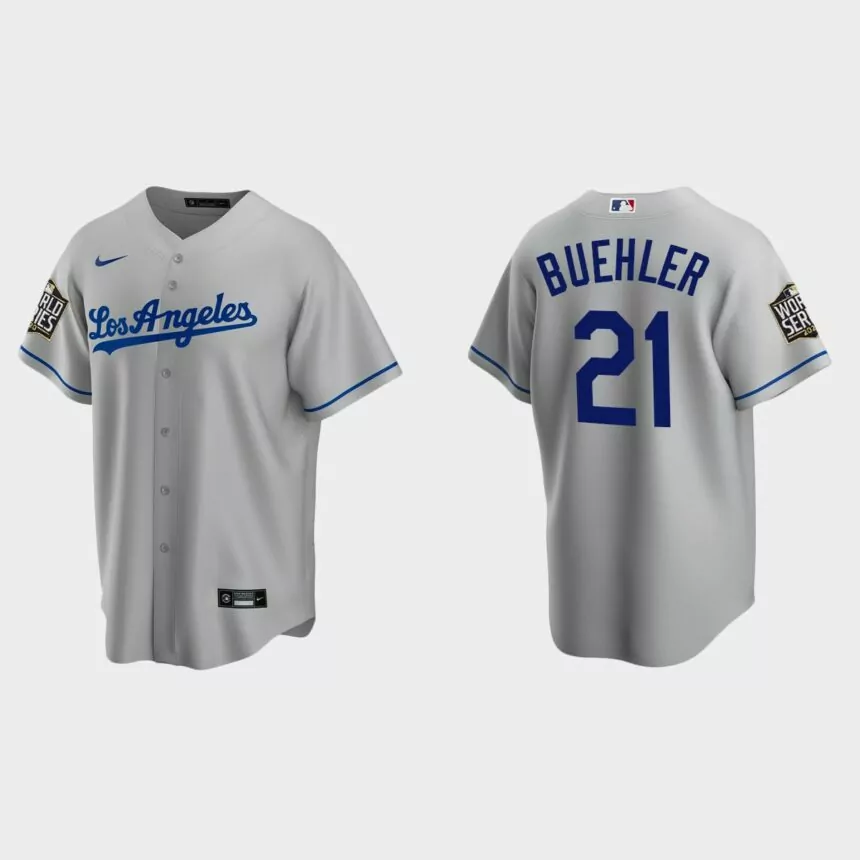 Los Angeles Dodgers #21 Walker Buehler Replica 2020 World Series Road Jersey – Gray