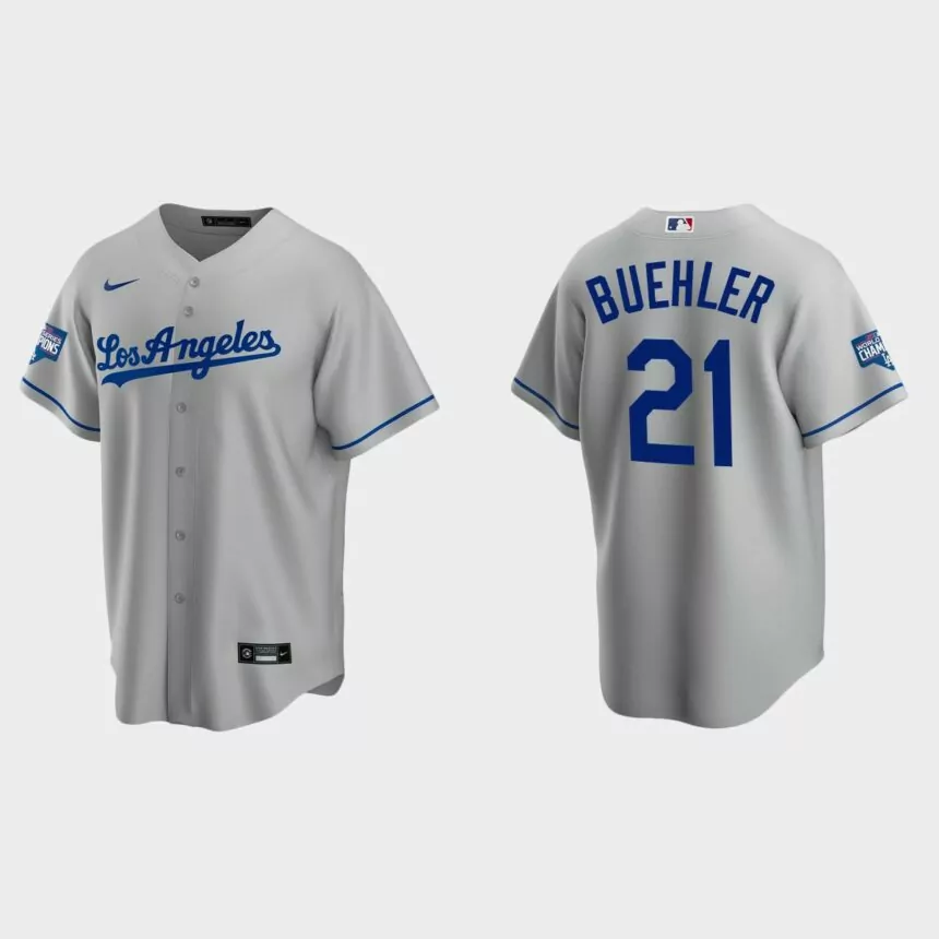 Los Angeles Dodgers #21 Walker Buehler Road Replica Team 2020 World Series Champions Jersey – Gray