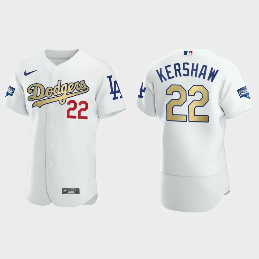 Los Angeles Dodgers #22 Clayton Kershaw 2020 World Series Champions Gold Program Authentic Jersey – White