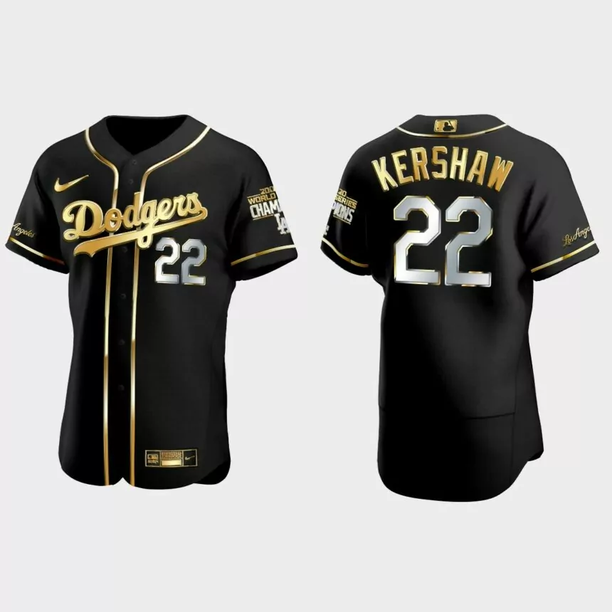 Los Angeles Dodgers #22 Clayton Kershaw 2020 World Series Champions Golden Edition Jersey – Black