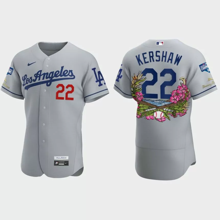 Los Angeles Dodgers #22 Clayton Kershaw 2020 World Series Champions Tommy Bahama Authentic Jersey – Gray