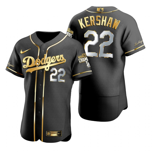 Los Angeles Dodgers #22 Clayton Kershaw Black 2020 World Series Champions Gold Edition Jersey