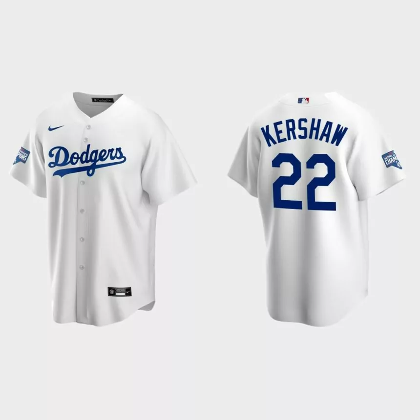 Los Angeles Dodgers #22 Clayton Kershaw Home Patch Replica Player 2020 World Series Champions Jersey – White