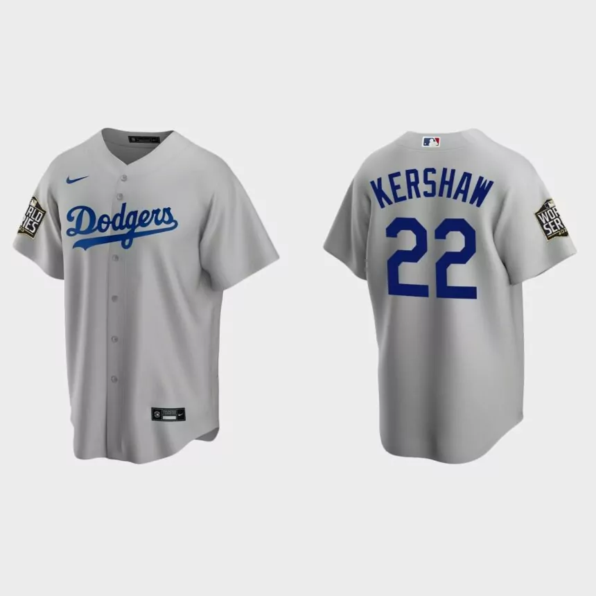 Los Angeles Dodgers #22 Clayton Kershaw Replica 2020 World Series Alternate Jersey – Gray