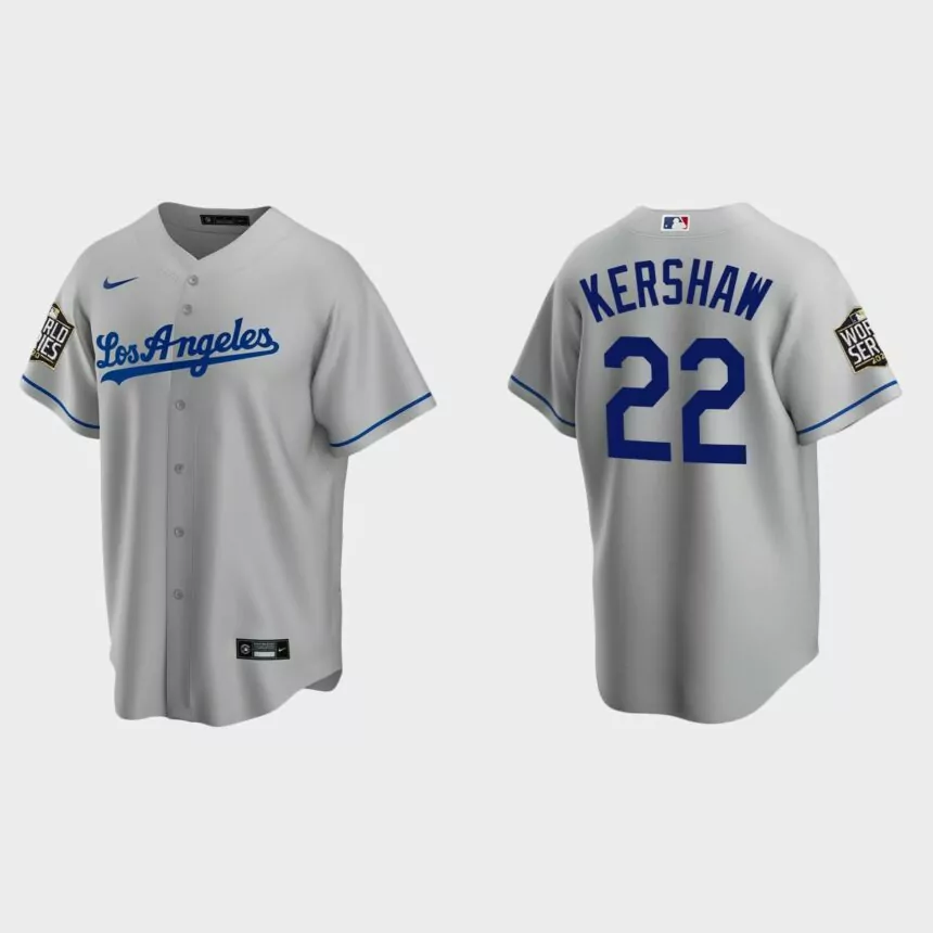 Los Angeles Dodgers #22 Clayton Kershaw Replica 2020 World Series Road Jersey – Gray