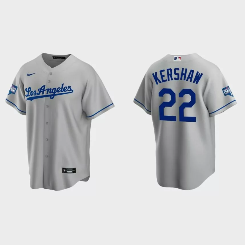 Los Angeles Dodgers #22 Clayton Kershaw Road Replica Team 2020 World Series Champions Jersey – Gray