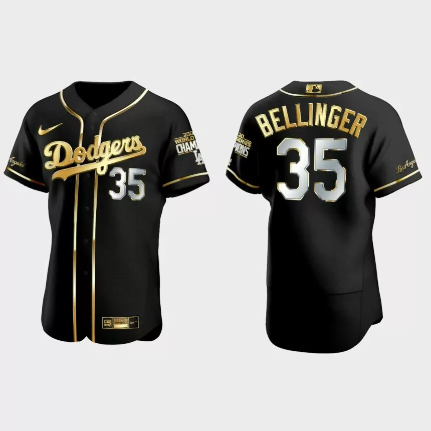 Los Angeles Dodgers #35 Cody Bellinger 2020 World Series Champions Golden Edition Jersey – Black