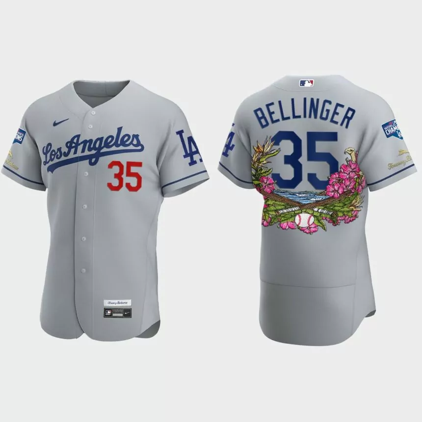 Los Angeles Dodgers #35 Cody Bellinger 2020 World Series Champions Tommy Bahama Authentic Jersey – Gray