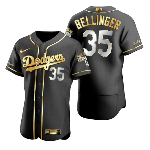Los Angeles Dodgers #35 Cody Bellinger Black 2020 World Series Champions Gold Edition Jersey
