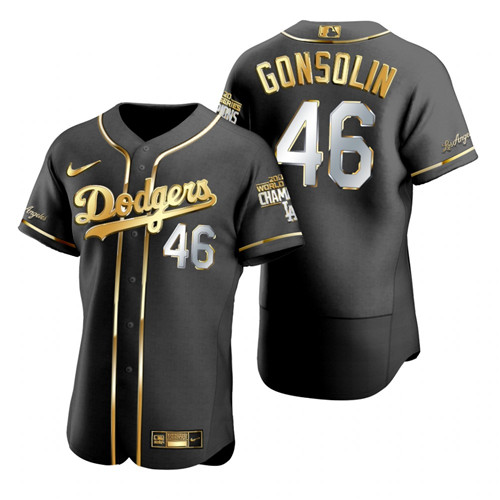 Los Angeles Dodgers #46 Tony Gonsolin Black 2020 World Series Champions Gold Edition Jersey