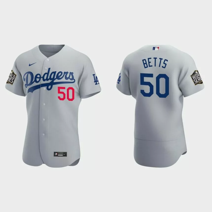 Los Angeles Dodgers #50 Mookie Betts 2020 World Series Authentic Alternate Jersey – Gray