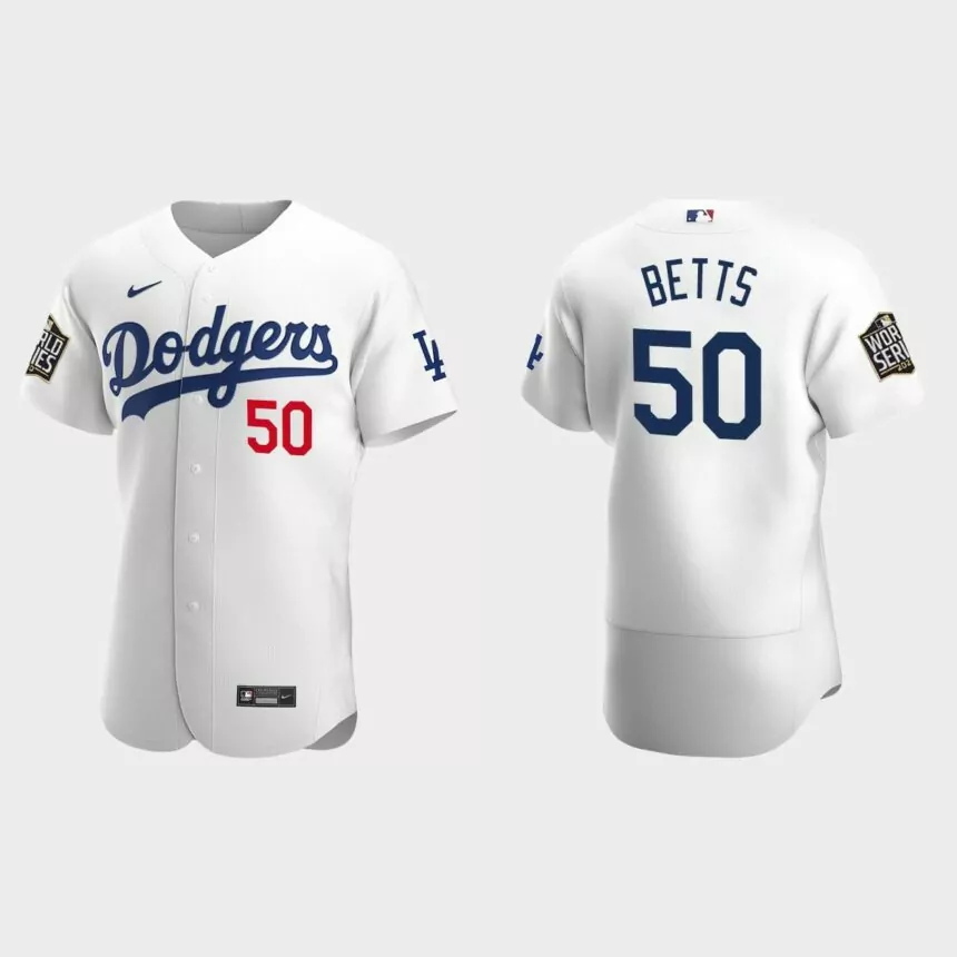 Los Angeles Dodgers #50 Mookie Betts 2020 World Series Authentic Home Jersey – White