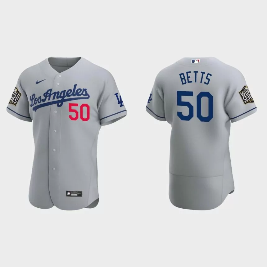 Los Angeles Dodgers #50 Mookie Betts 2020 World Series Authentic Road Jersey – Gray