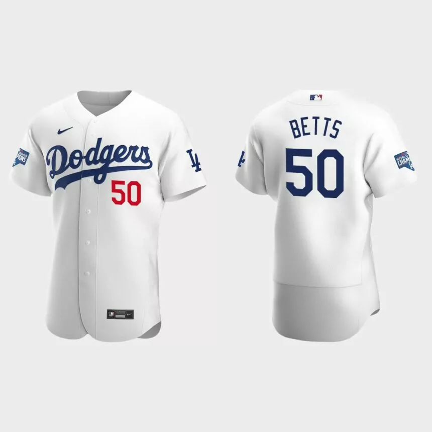 Los Angeles Dodgers #50 Mookie Betts 2020 World Series Champions Bound Authentic Jersey – White