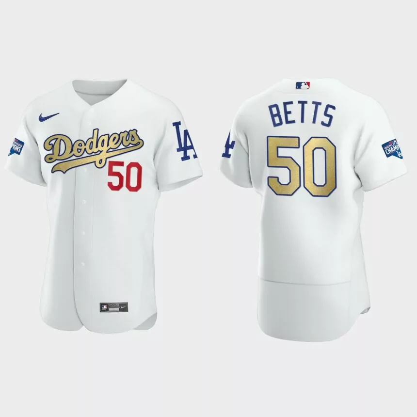 Los Angeles Dodgers #50 Mookie Betts 2020 World Series Champions Gold Program Authentic Jersey – White