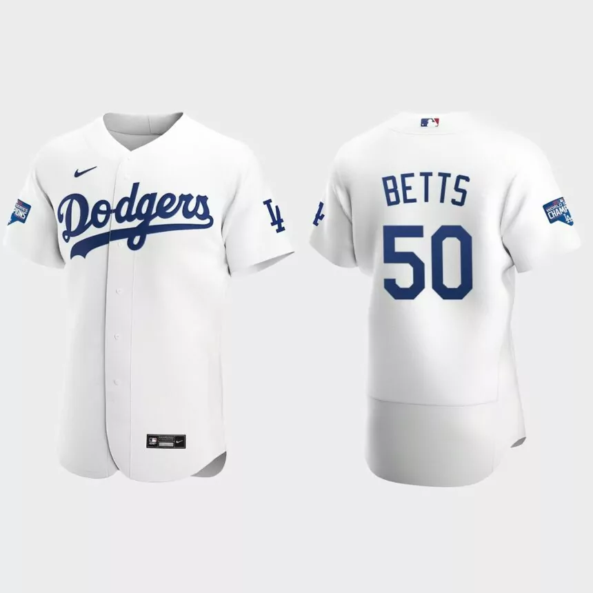 Los Angeles Dodgers #50 Mookie Betts 2020 World Series Champions Home Authentic Team Jersey – White