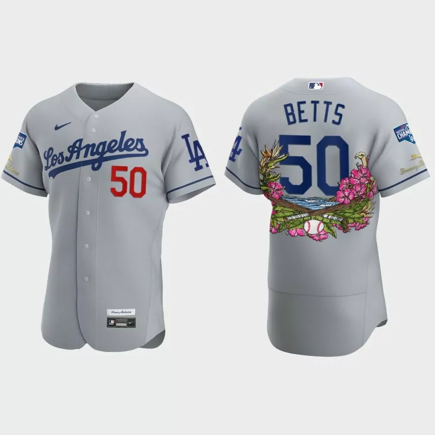 Los Angeles Dodgers #50 Mookie Betts 2020 World Series Champions Tommy Bahama Authentic Jersey – Gray