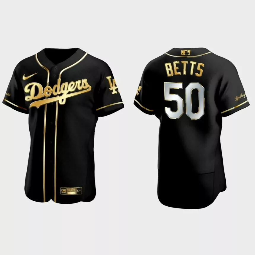 Los Angeles Dodgers #50 Mookie Betts Golden Edition Authentic Jersey – Black
