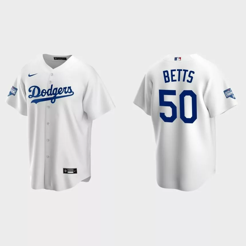 Los Angeles Dodgers #50 Mookie Betts Home Patch Replica Player 2020 World Series Champions Jersey – White