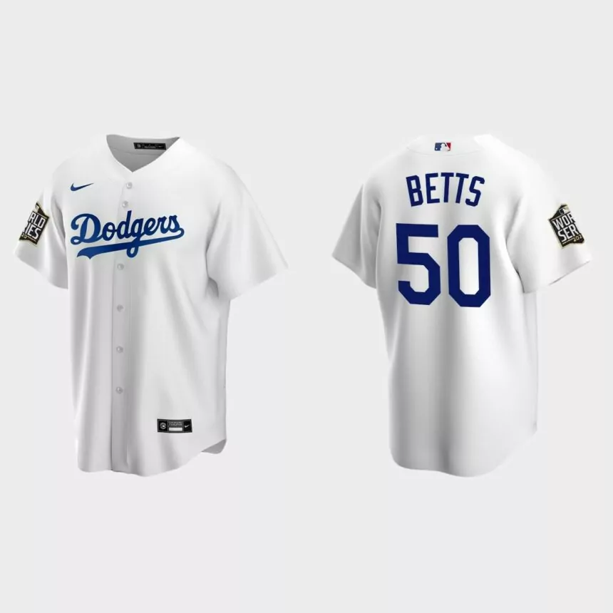 Los Angeles Dodgers #50 Mookie Betts Replica 2020 World Series Home Jersey – White