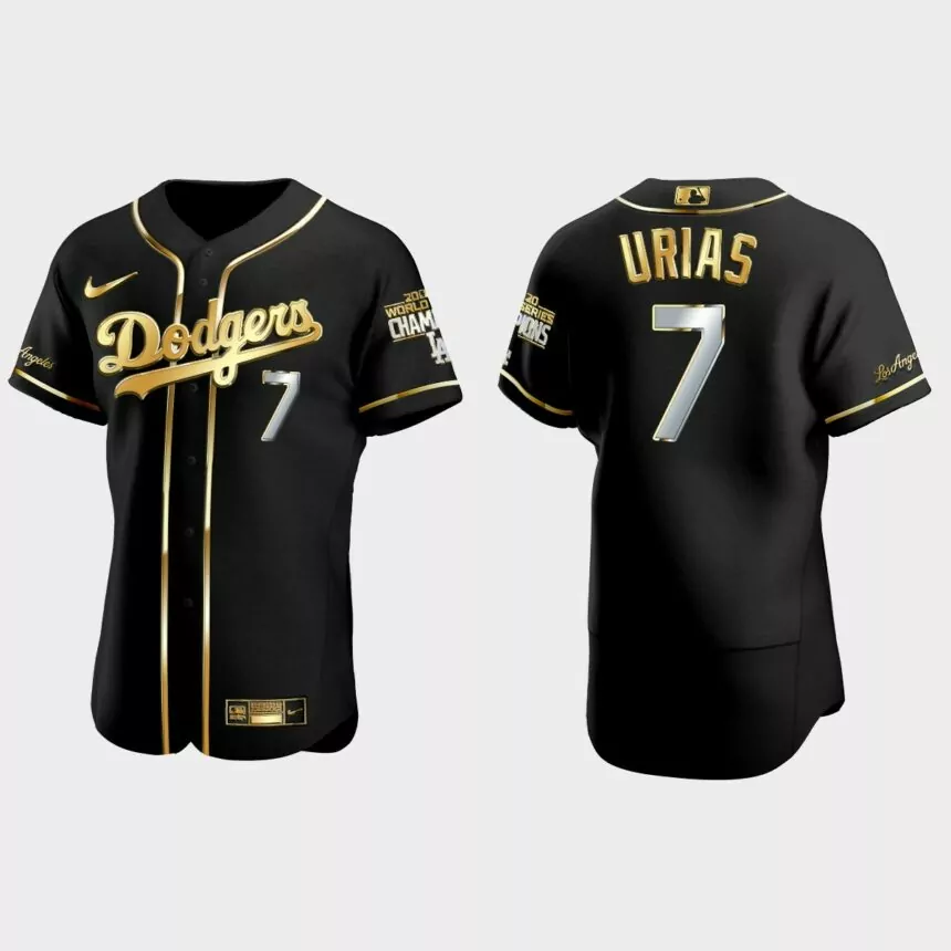 Los Angeles Dodgers #7 Julio Urias 2020 World Series Champions Golden Edition Jersey – Black