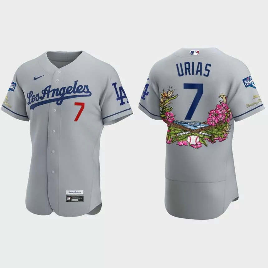 Los Angeles Dodgers #7 Julio Urias 2020 World Series Champions Tommy Bahama Authentic Jersey – Gray