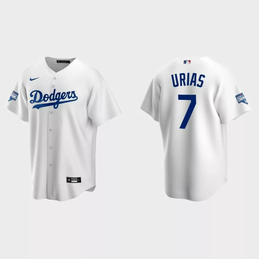 Los Angeles Dodgers #7 Julio Urias Home Patch Replica Player 2020 World Series Champions Jersey – White