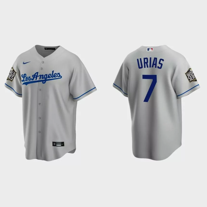 Los Angeles Dodgers #7 Julio Urias Replica 2020 World Series Road Jersey – Gray