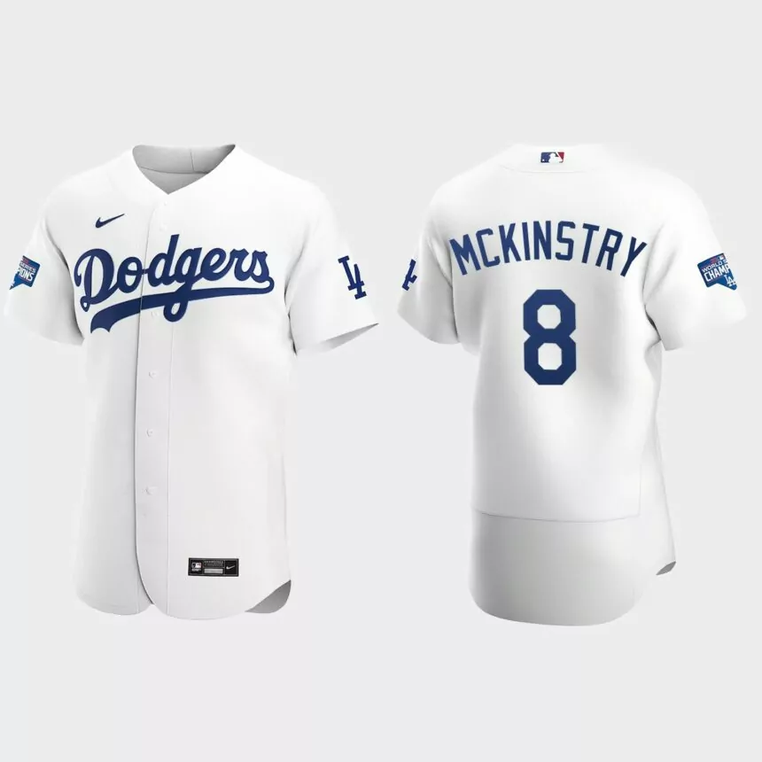 Los Angeles Dodgers #8 Zach McKinstry 2020 World Series Champions Home Authentic Team Jersey – White