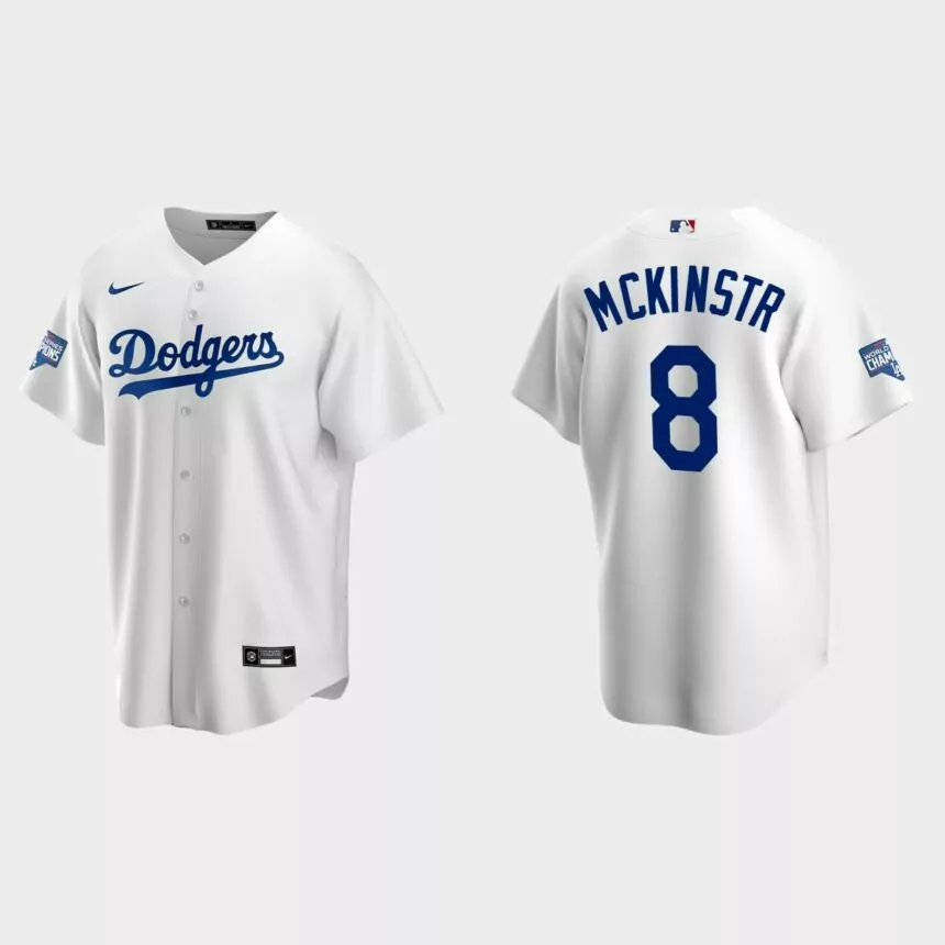 Los Angeles Dodgers #8 Zach McKinstry Home Patch Replica Player 2020 World Series Champions Jersey – White