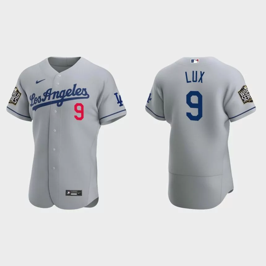 Los Angeles Dodgers #9 Gavin Lux 2020 World Series Authentic Road Jersey – Gray