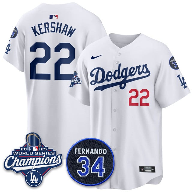 Los Angeles Dodgers 2025 World Series Champions   Jersey - All Stitched Clayton Kershaw   22